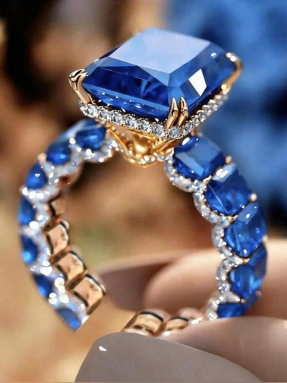 New Arrivals! Blue Gemstone Halo Ring with Gold Setting - Women Jewelry